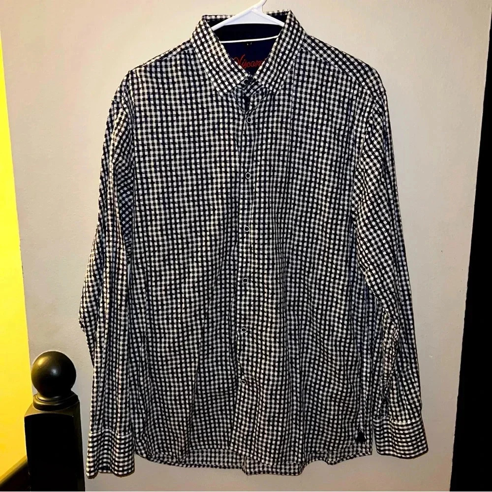 Visconti Shirt Mens Large Blue Check Flip Cuff Contrast Button Front